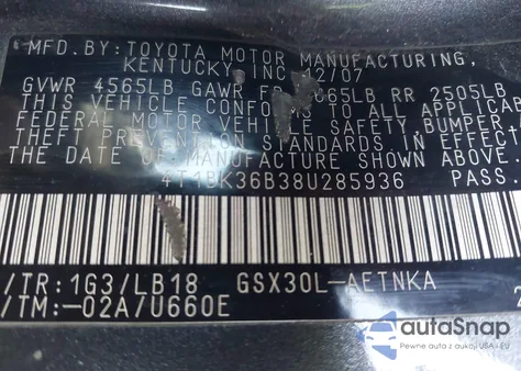 2008 Toyota Avalon Touring z USA, uszkodzony, nr VIN 4T1BK36B38U285936